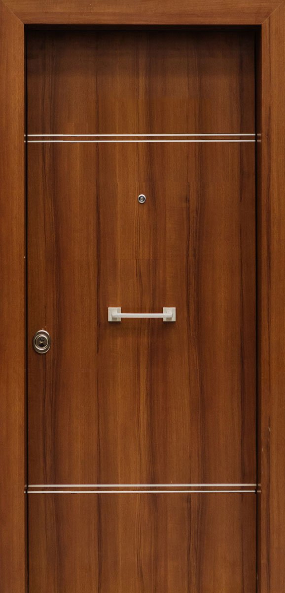 Πόρτες Ασφαλείας - Laminate - Καρυδιά με 2 διπλές οριζόντιες inox