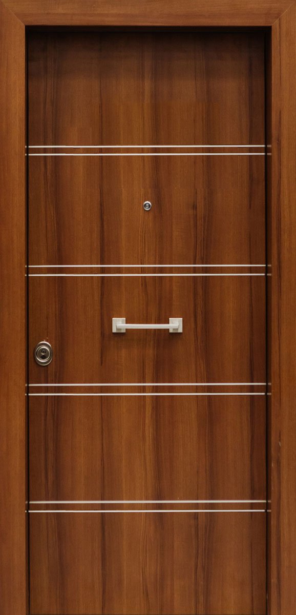 Πόρτες Ασφαλείας - Laminate - Kαρυδιά με 4 διπλές οριζόντιες inox